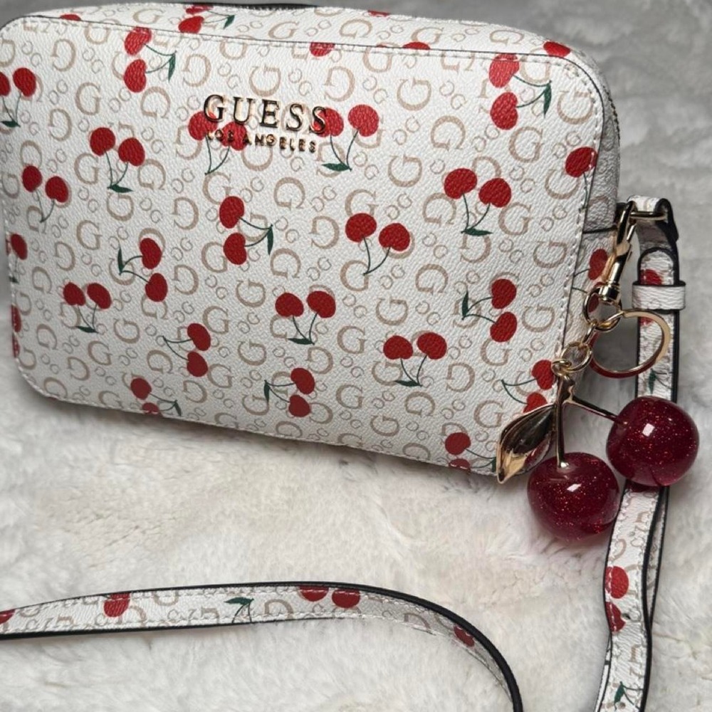 Guess White Red Cherry Print Monogram Crossbody Camera Bag Gold Tone Hardware